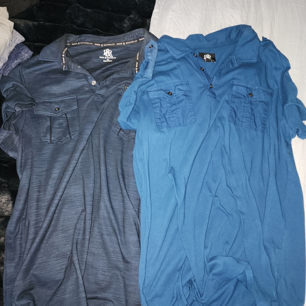 2 Rock And Republic Men's Turquoise Blue and Dark Blue Collared Shirts